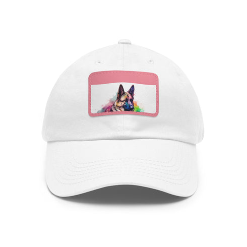 German Shepherd print white cap with light brown rectangle patch.