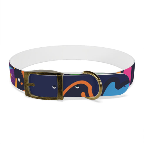 Neon graffiti dog collar with vibrant urban graffiti pattern in black.