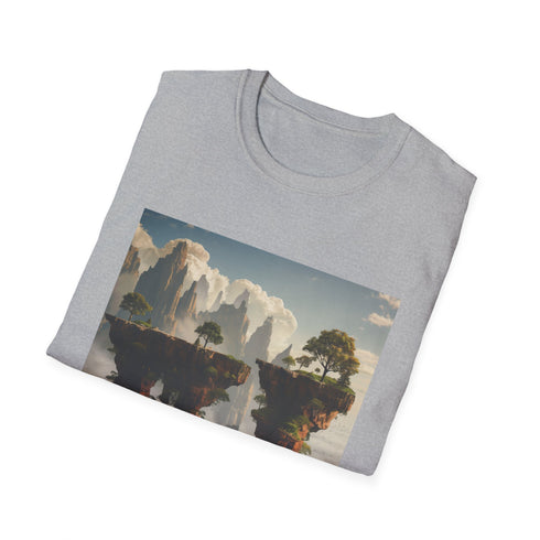Charcoal cotton t-shirt with surreal floating islands landscape crew neck design