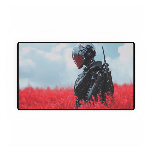 Robotic Knight Standing in Field of Red Gaming XXL Extended Desk Mat
