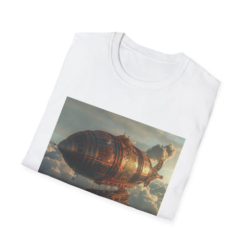 Charcoal steampunk airship t-shirt with intricate design and crew neck fit