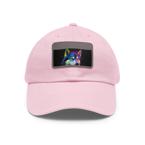 White Husky Love Baseball Cap with Light Brown Patch, Rectangle Shape