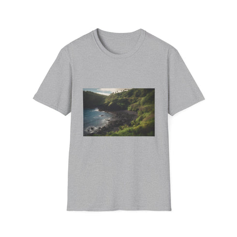 Charcoal cotton T-shirt featuring Maui's vibrant natural landscapes summer adventure theme