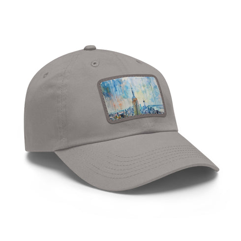 Empire Skyline watercolor baseball cap - white & light brown rectangle.