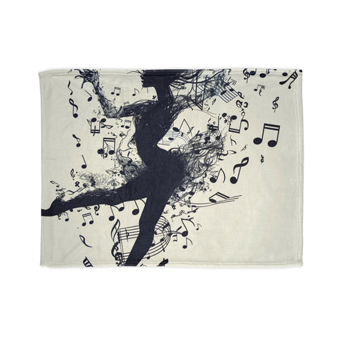 Elegant dancer silhouette blanket surrounded by musical notes, 30'' x 40'' size.