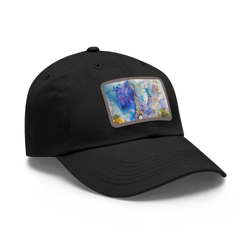 Eiffel Tower Watercolor Baseball Cap, White with Light Brown Patch