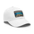 Great Barrier Reef design white cotton baseball cap with light brown patch.