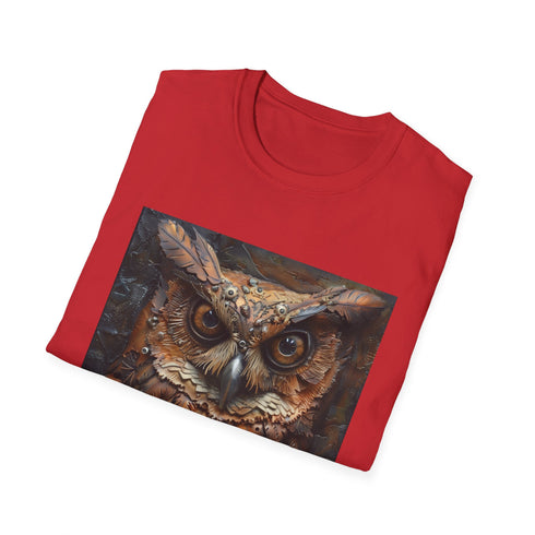 Steampunk owl t-shirt in charcoal, intricate gear design, cotton comfort.
