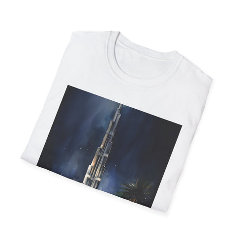 Charcoal cotton T-shirt with vibrant watercolor Dubai skyline design