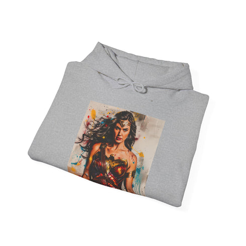 Navy hoodie with Themyscira landscape featuring Wonder Woman painting.