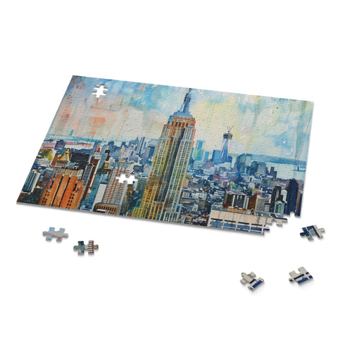 Vibrant watercolor Empire State Building puzzle for art and game lovers.