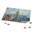 Vibrant watercolor Empire State Building puzzle for art and game lovers.