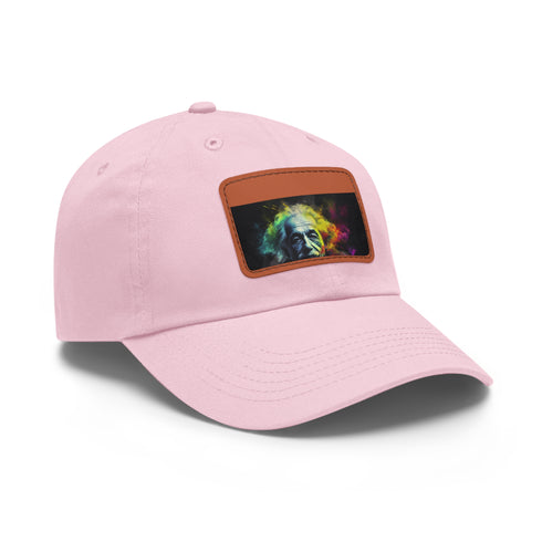 Neon baseball hat with Einstein watercolor portrait on white cap.
