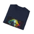Charcoal cotton T-shirt with vibrant abstract Einstein design in neon colors