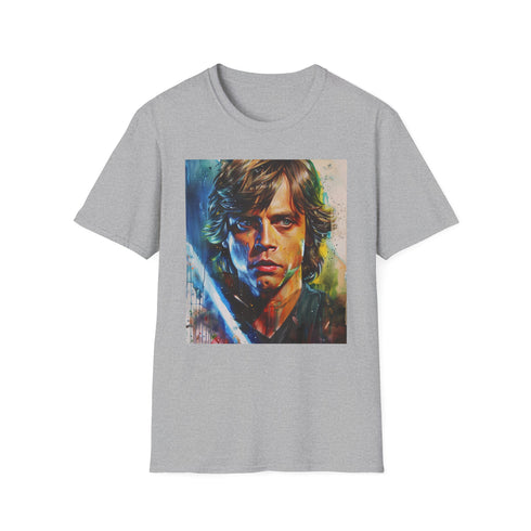 Charcoal crew neck cotton T-shirt featuring vibrant Luke Skywalker painting