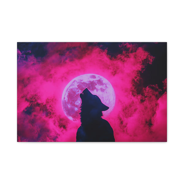 Silhouette of a Wolf Howling at a Neon Moon ā Canvas Wall Art ā Front Gallery-Wrapped Canvas View