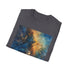 Charcoal galaxy painting t-shirt with cosmic design cotton crew neck for summer