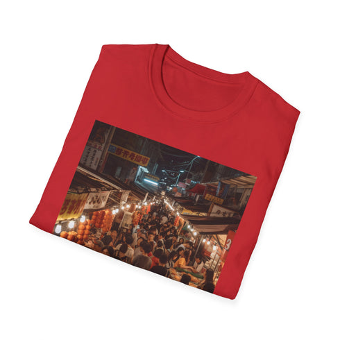 Charcoal cotton T-shirt with vibrant Asian market lanterns graphic