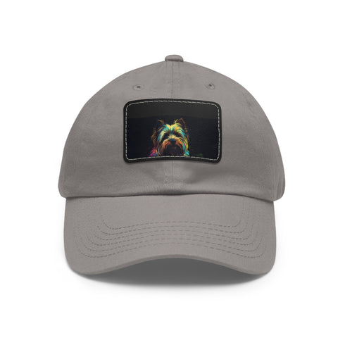 Adorable Yorkshire Terrier embroidered white baseball cap with light brown patch.