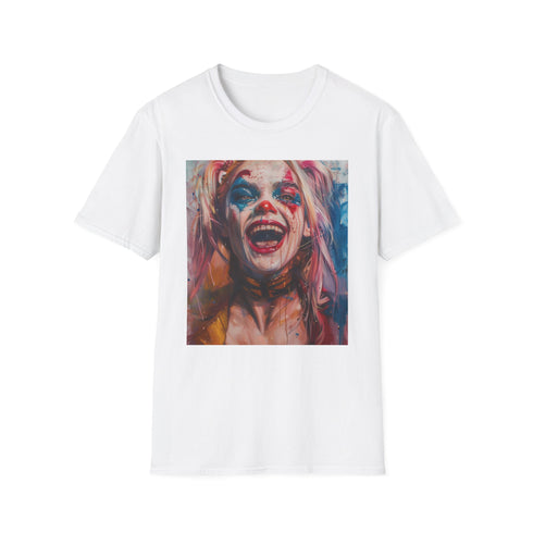 Vibrant colorful Harley Quinn graphic tee in charcoal cotton, regular fit.