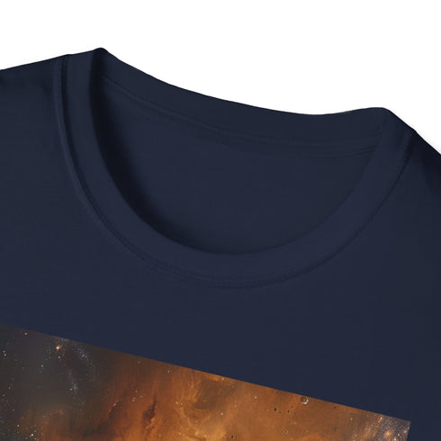 Charcoal cotton T-shirt featuring detailed Jupiter painting evoking cosmic wonder