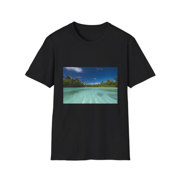 Charcoal cotton T-shirt featuring serene Aitutaki beach scene for summer escape