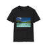 Charcoal cotton T-shirt featuring serene Aitutaki beach scene for summer escape