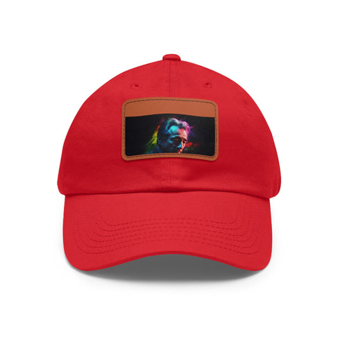 Denim baseball cap with light brown patch and sleek rectangle design.