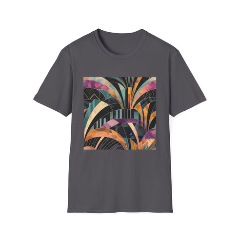 Charcoal cotton crew neck t-shirt with vibrant abstract art deco patterns