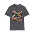 Charcoal cotton crew neck t-shirt with vibrant abstract art deco patterns
