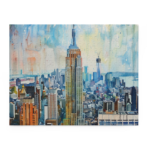 Vibrant watercolor Empire State Building puzzle for art lovers and enthusiasts.