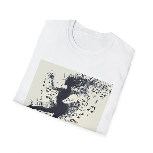 Graceful charcoal silhouette dance t-shirt with musical notes crew neck cotton