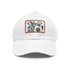 Colorful floral print white baseball cap with light brown patch.