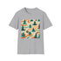 Charcoal cotton T-shirt with psychedelic ocean-inspired 70s design and vibrant colors