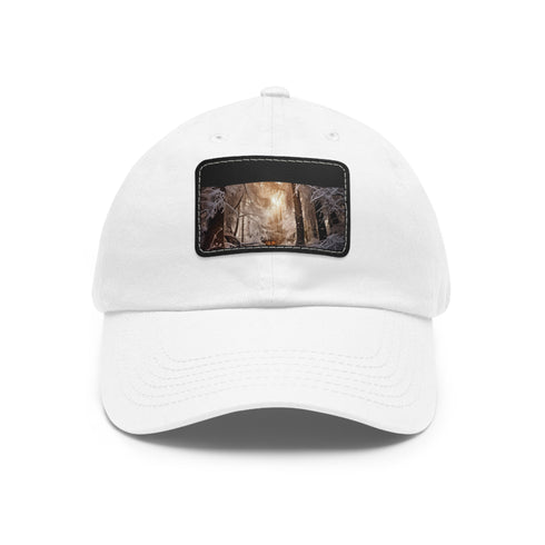 Winter baseball cap in white with light brown patch, inspired by frosty pines.