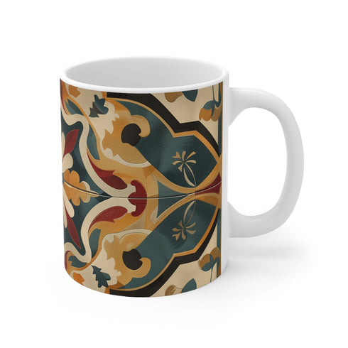 11oz ceramic coffee mug with intricate tile-inspired design.