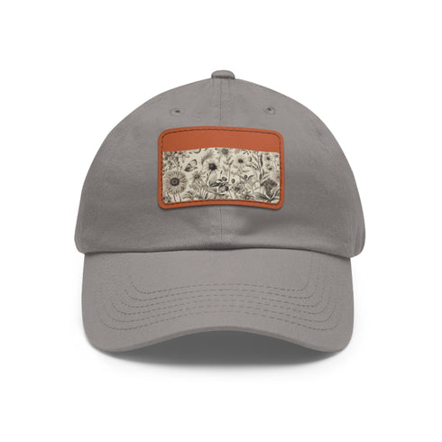 Blooming Bounty Botanical Baseball Cap, White/Light Brown Vegan Cotton Rectangle.