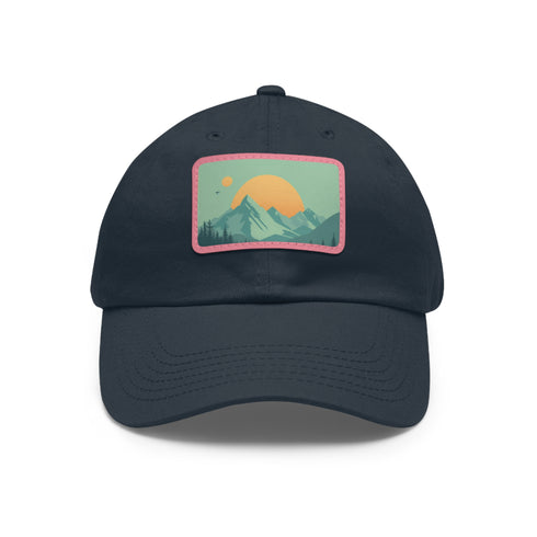 Minimalist white baseball cap with light brown mountain landscape patch.