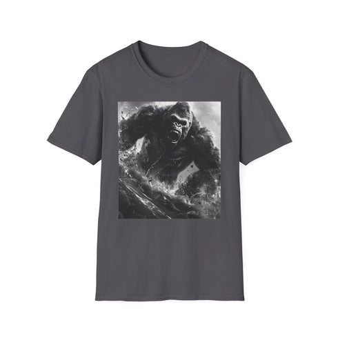 Charcoal cotton T-shirt featuring vibrant King Kong cityscape graphic