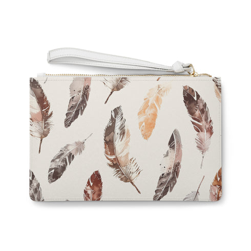 Boho feather clutch bag, vibrant feather pattern, perfect for free spirits.