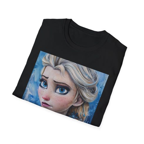 Charcoal cotton T-shirt featuring vibrant Elsa painting with crew neck design