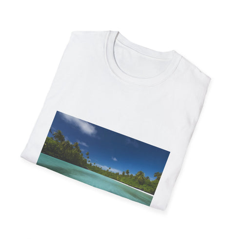 Charcoal cotton crew neck T-shirt with tropical Aitutaki lagoon graphic design