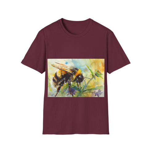 Charcoal cotton tee with vibrant watercolor bumblebee regular fit crew neck