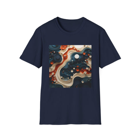 Charcoal cotton crew neck T-shirt featuring abstract vibrant design