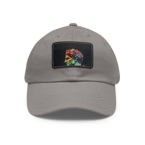Neon watercolor baseball cap, white cap with light brown patch.