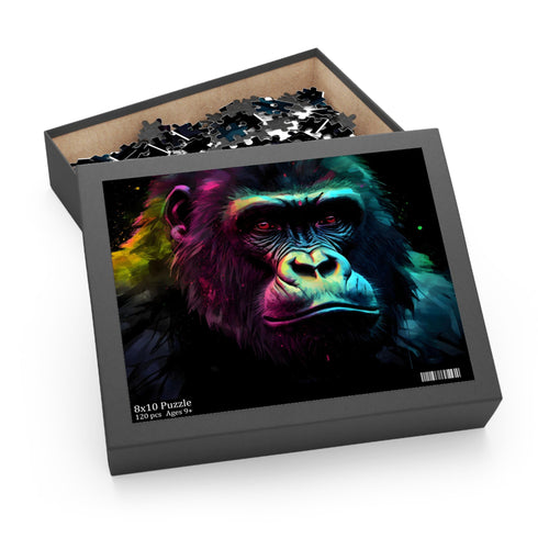 Vibrant watercolor gorilla puzzle with neon colors for nature lovers.