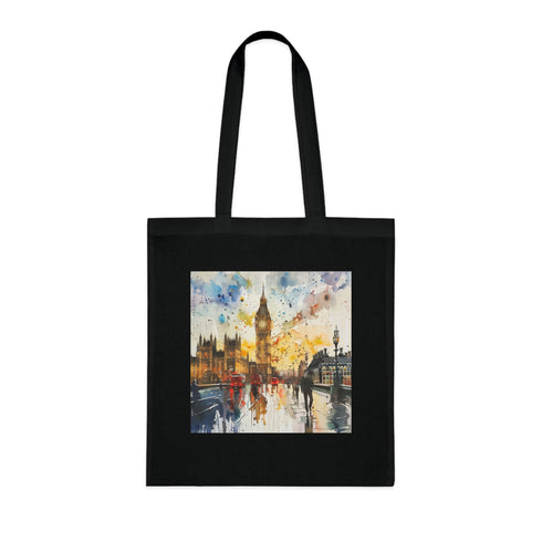 London Calling Big Ben Black Cotton Tote Bag, Watercolor Iconic Tower