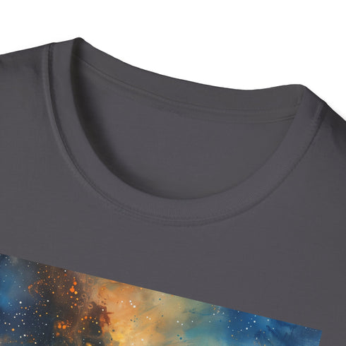 Charcoal galaxy painting T-shirt with vibrant cosmic pattern for summer collection