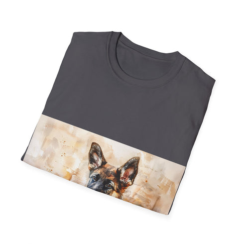 Adorable German Shepherd Watercolor Tee in Charcoal, size S, regular fit.