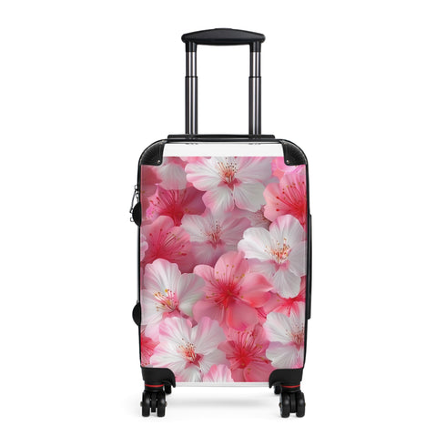 Stylish pink and white Cherry Blossom small suitcase with black trim.